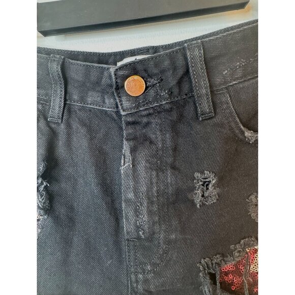 Distressed 8 Black Denim Sequin Patch Frayed Hem High-Waisted Shorts - Picture 2 of 10